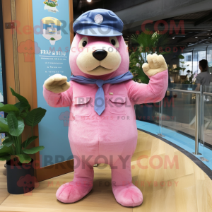 Pink Sea Lion mascot costume character dressed with a Chambray Shirt and Berets