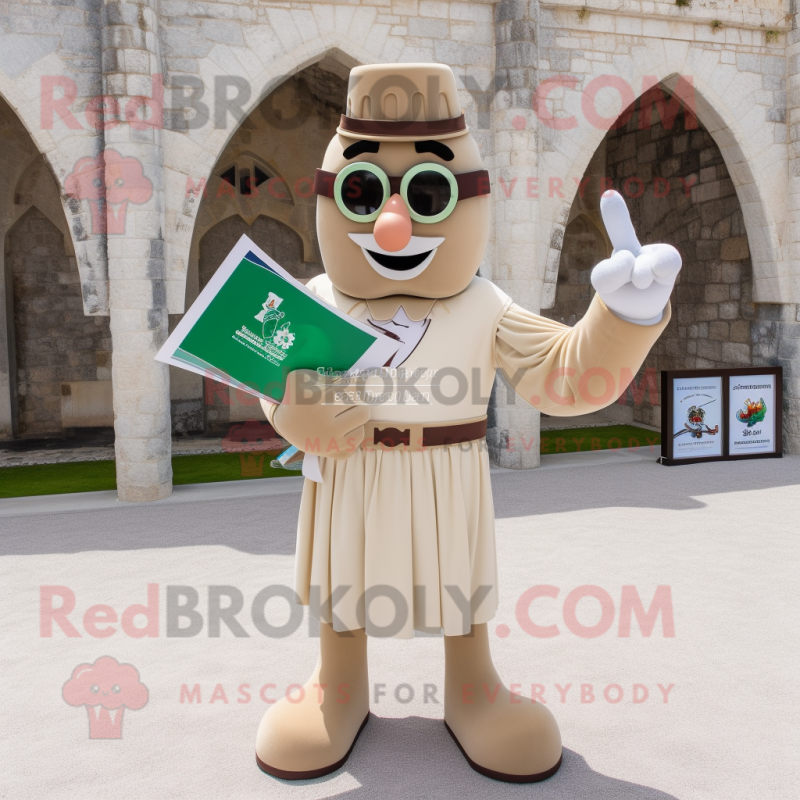 Beige Irish Castle mascot costume character dressed with a Board Shorts and Reading glasses