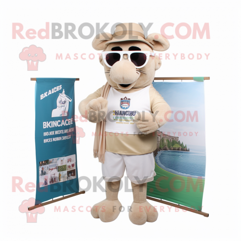 Beige Irish Castle mascot costume character dressed with a Board Shorts and Reading glasses Beige Irish Castle mascot costume character dressed with a Board Shorts and Reading glasses