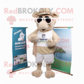 Beige Irish Castle mascot costume character dressed with a Board Shorts and Reading glasses