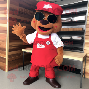 Red Bbq Ribs mascot costume character dressed with a Oxford Shirt and Foot pads