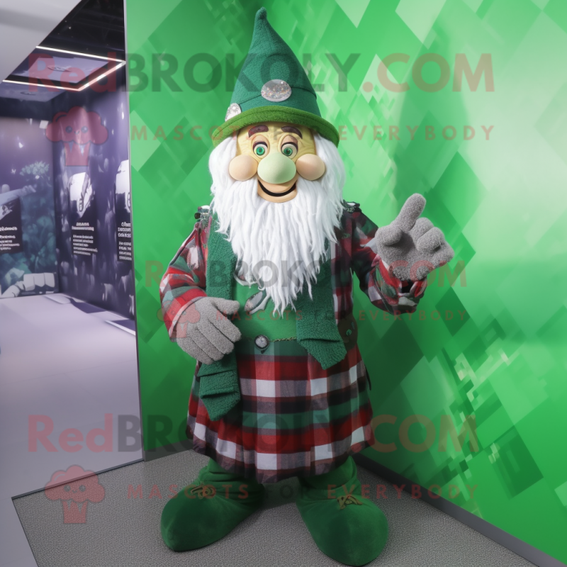 Green Wizard mascot costume character dressed with a Flannel Shirt and Hairpins