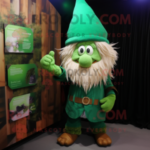Green Wizard mascot costume character dressed with a Flannel Shirt and Hairpins