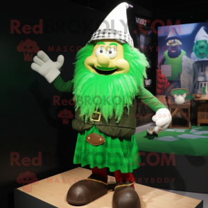 Green Wizard mascot costume character dressed with a Flannel Shirt and Hairpins