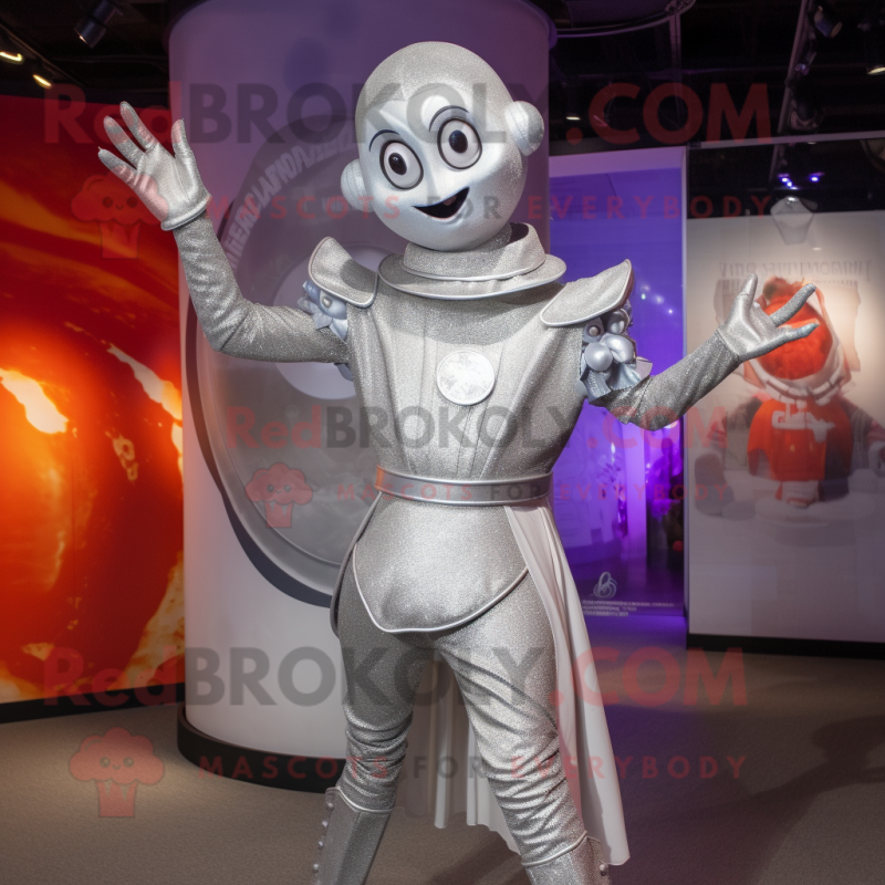 Silver Acrobat mascot costume character dressed with a Empire Waist Dress and Suspenders