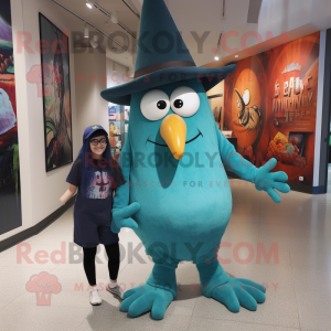 Teal Witch'S Hat mascot costume character dressed with a Mom Jeans and Foot pads