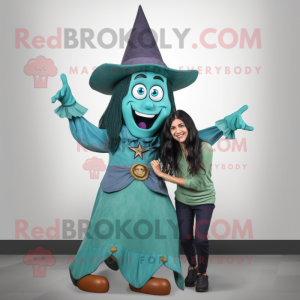 Teal Witch'S Hat mascot costume character dressed with a Mom Jeans and Foot pads