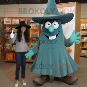 Teal Witch'S Hat mascot costume character dressed with a Mom Jeans and Foot pads