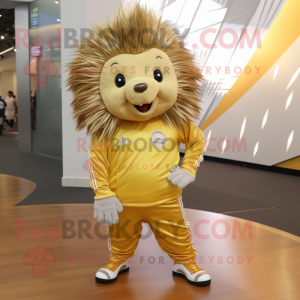 Gold Porcupine mascot costume character dressed with a Joggers and Shoe laces