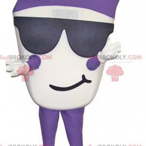 Mascote de boneco de neve branco e roxo com óculos de sol -