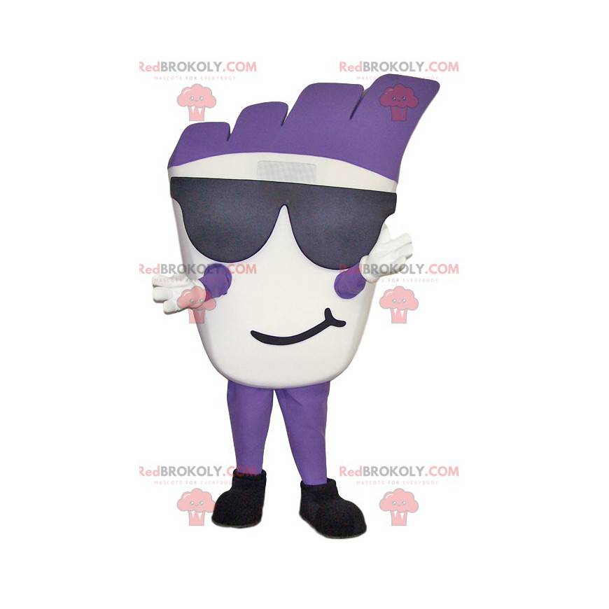 Mascote de boneco de neve branco e roxo com óculos de sol -