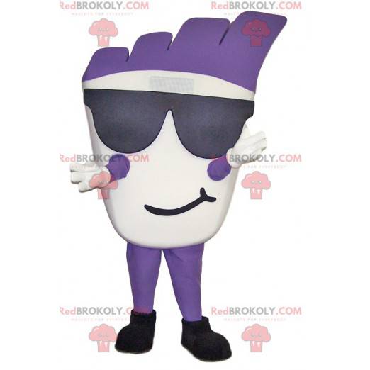 Mascote de boneco de neve branco e roxo com óculos de sol -