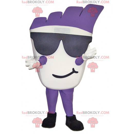 Mascotte de bonhomme blanc et violet avec des lunettes de