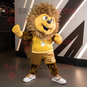 Gold Porcupine mascot costume character dressed with a Joggers and Shoe laces