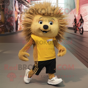 Gold Porcupine mascot costume character dressed with a Joggers and Shoe laces