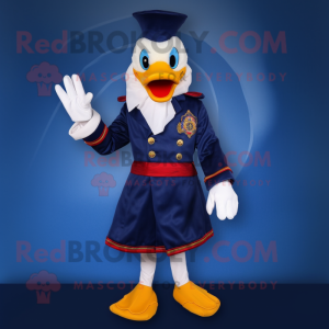 Navy Muscovy Duck mascot costume character dressed with a Blazer and Mittens