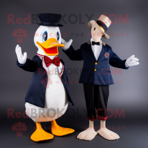 Navy Muscovy Duck mascot costume character dressed with a Blazer and Mittens