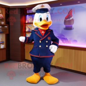 Navy Muscovy Duck mascot costume character dressed with a Blazer and Mittens