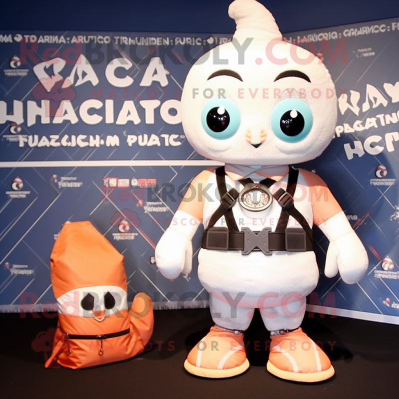 Peach Hydra mascot costume character dressed with a One-Piece Swimsuit and Messenger bags Peach Hydra mascot costume character dressed with a One-Piece Swimsuit and Messenger bags