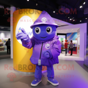 Purple Gyro mascot costume character dressed with a Windbreaker and Clutch bags