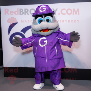 Purple Gyro mascot costume character dressed with a Windbreaker and Clutch bags