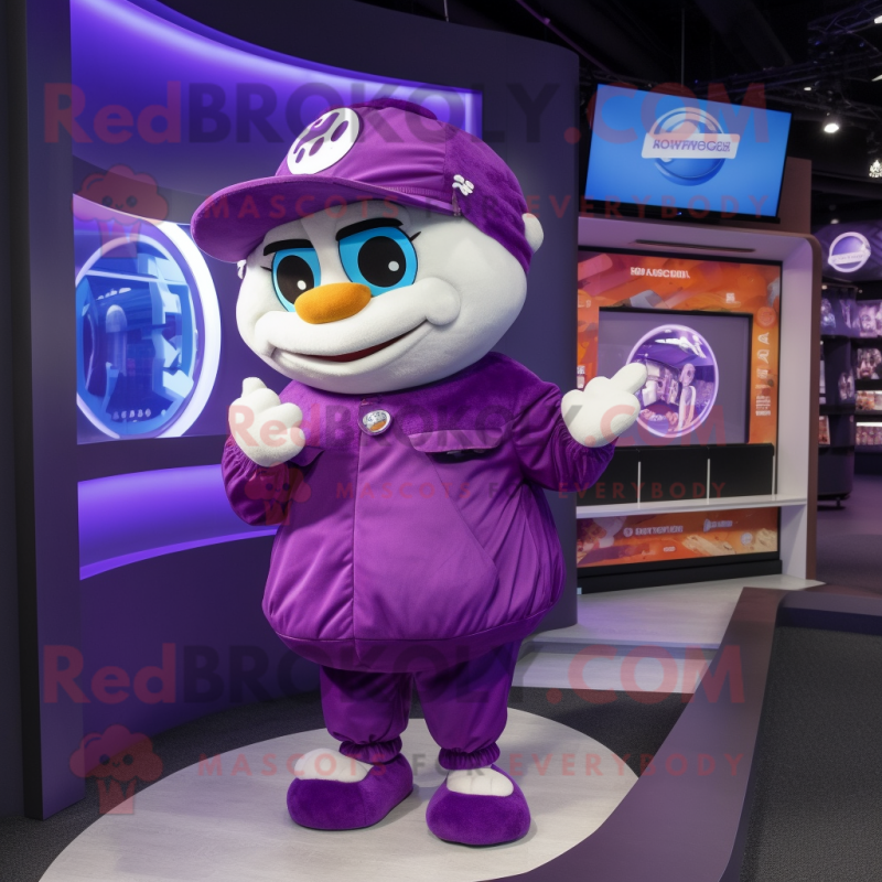Purple Gyro mascot costume character dressed with a Windbreaker and Clutch bags Purple Gyro mascot costume character dressed with a Windbreaker and Clutch bags