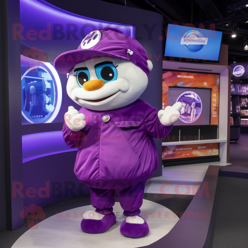 Purple Gyro mascot costume character dressed with a Windbreaker and Clutch bags