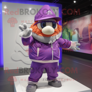 Purple Gyro mascot costume character dressed with a Windbreaker and Clutch bags