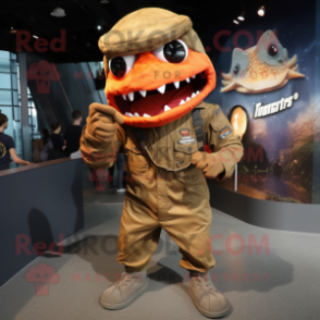 Rust Piranha mascot costume character dressed with a Cargo Pants and Berets