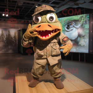 Rust Piranha mascot costume character dressed with a Cargo Pants and Berets