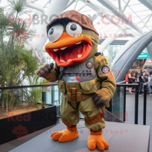 Rust Piranha mascot costume character dressed with a Cargo Pants and Berets