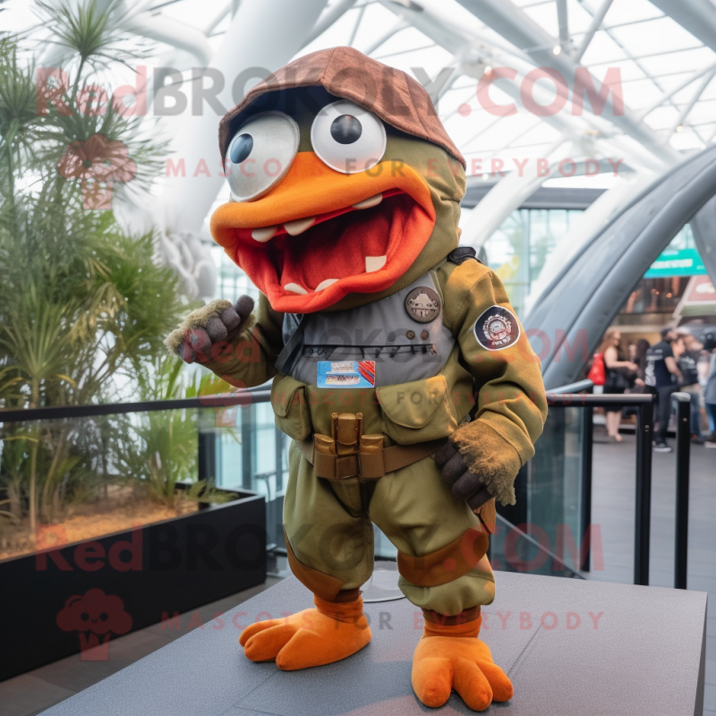 Rust Piranha mascot costume character dressed with a Cargo Pants and Berets Rust Piranha mascot costume character dressed with a Cargo Pants and Berets