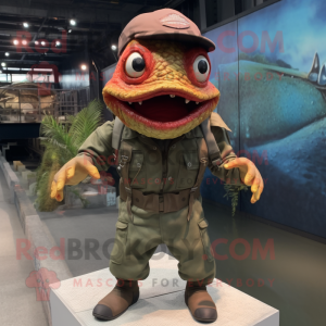 Rust Piranha mascot costume character dressed with a Cargo Pants and Berets