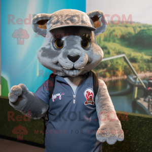 Silver Jaguarundi mascot costume character dressed with a Rugby Shirt and Hat pins