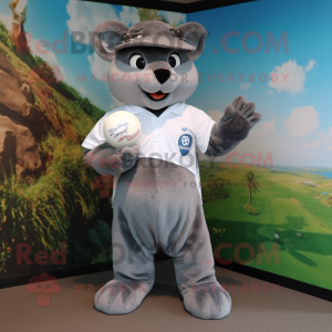 Silver Jaguarundi mascot costume character dressed with a Rugby Shirt and Hat pins