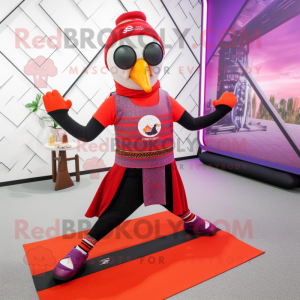 Red Pheasant mascot costume character dressed with a Yoga Pants and Bracelets