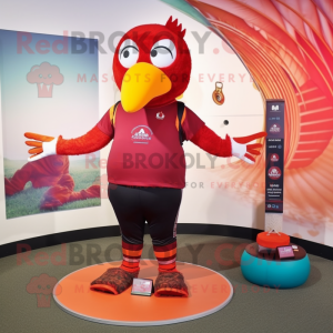 Red Pheasant mascot costume character dressed with a Yoga Pants and Bracelets