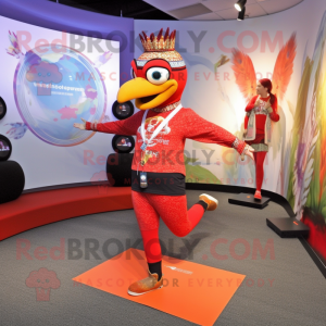 Red Pheasant mascot costume character dressed with a Yoga Pants and Bracelets