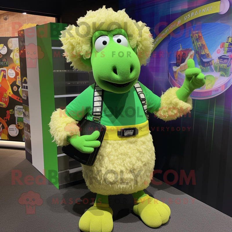 Lime Green Sheep mascot costume character dressed with a Bermuda Shorts and Shawl pins