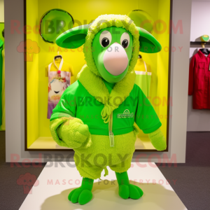 Lime Green Sheep mascot costume character dressed with a Bermuda Shorts and Shawl pins
