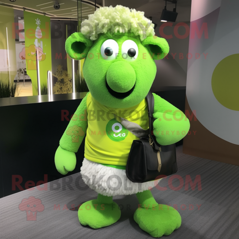 Lime Green Sheep mascot costume character dressed with a Bermuda Shorts and Shawl pins