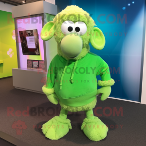 Lime Green Sheep mascot costume character dressed with a Bermuda Shorts and Shawl pins