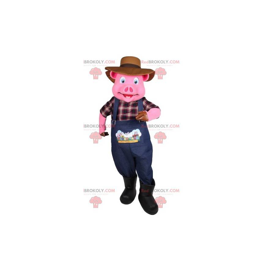 Mascote porco vestido de fazendeiro. Fantasia de porco -