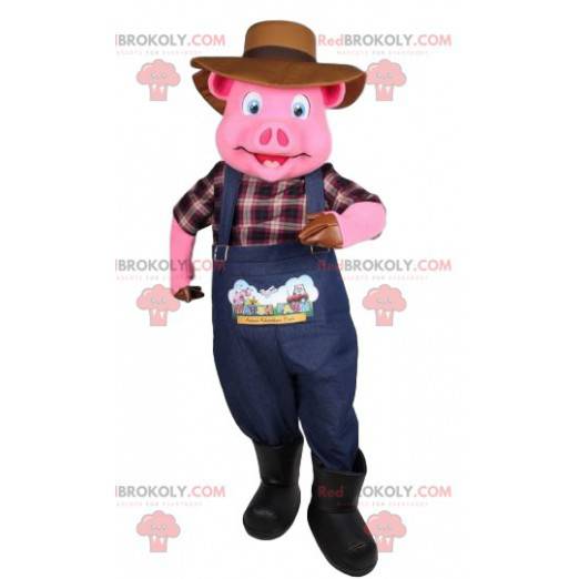 Schweinemaskottchen als Bauer verkleidet. Schweinekostüm -