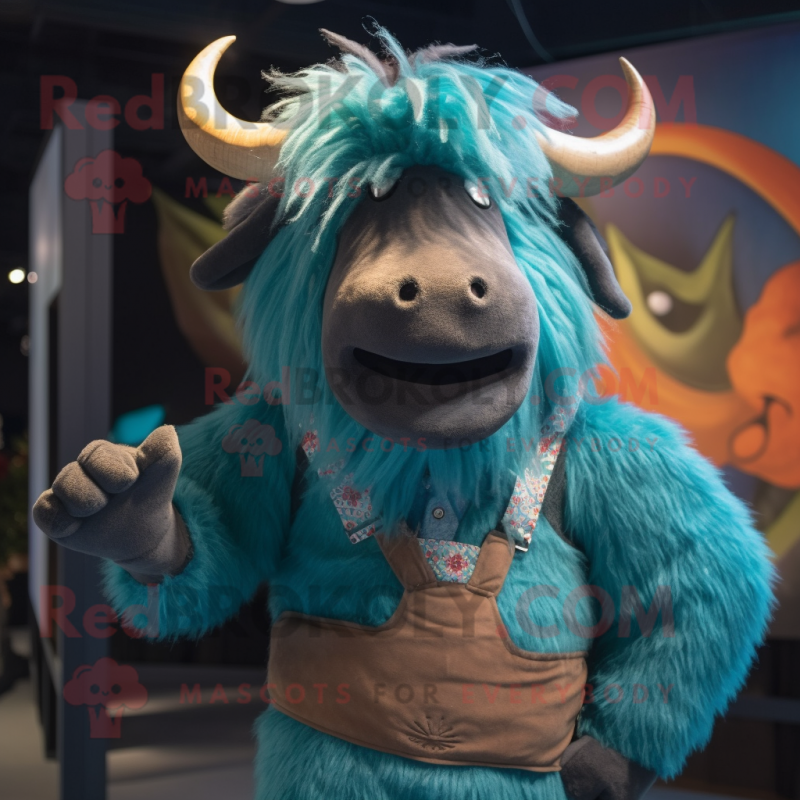 Teal Yak mascot costume character dressed with a Henley Shirt and Shoe clips Teal Yak mascot costume character dressed with a Henley Shirt and Shoe clips