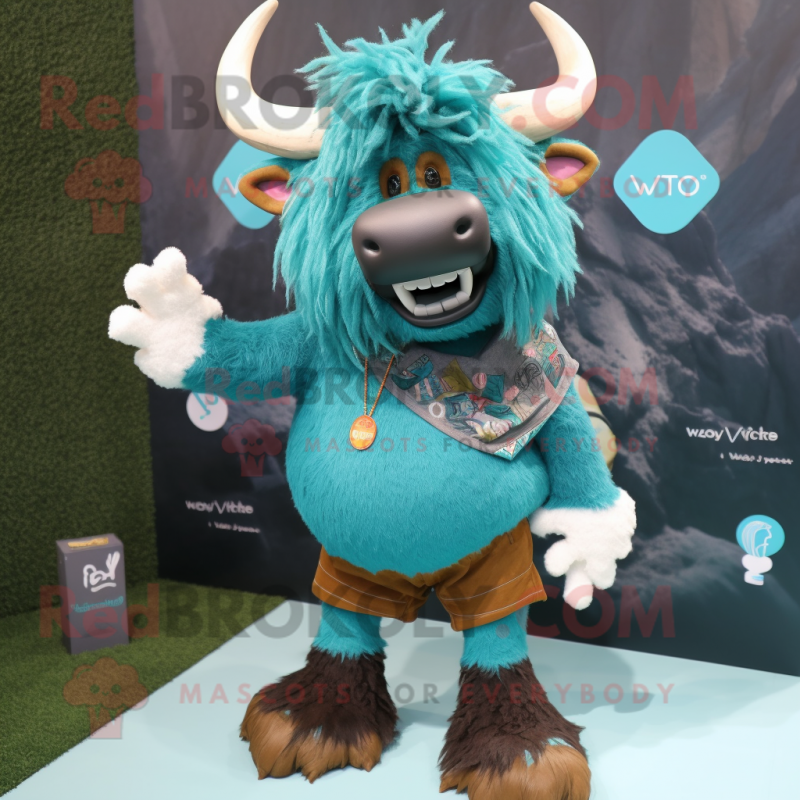 Teal Yak mascot costume character dressed with a Henley Shirt and Shoe clips