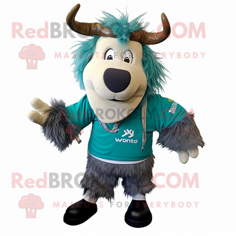 Teal Yak mascot costume character dressed with a Henley Shirt and Shoe clips Teal Yak mascot costume character dressed with a Henley Shirt and Shoe clips