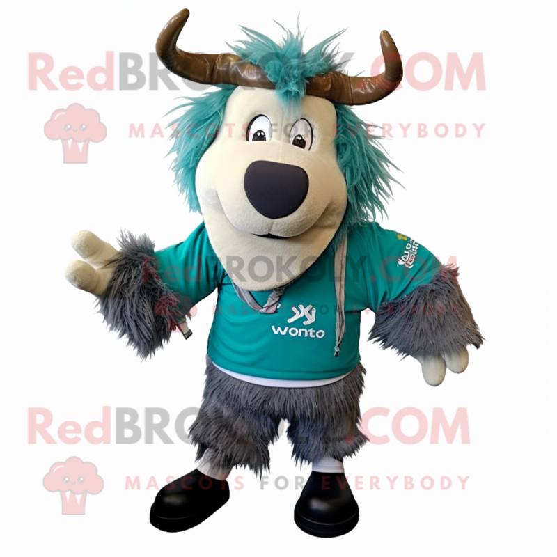 Teal Yak mascot costume character dressed with a Henley Shirt and Shoe clips