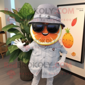 Gray Grapefruit mascot costume character dressed with a Poplin Shirt and Sunglasses
