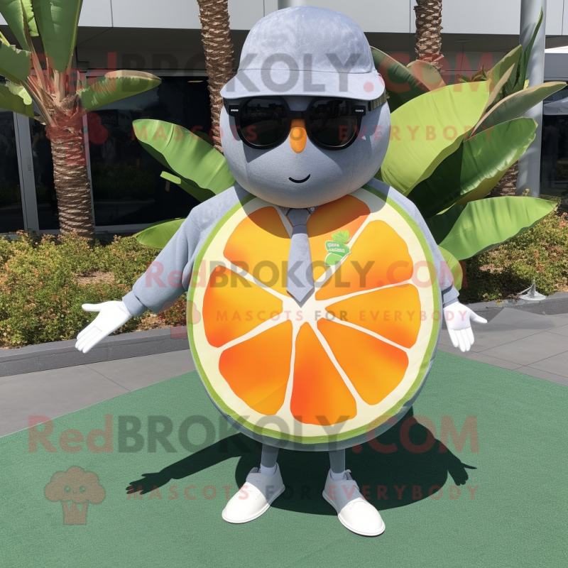 Gray Grapefruit mascot costume character dressed with a Poplin Shirt and Sunglasses